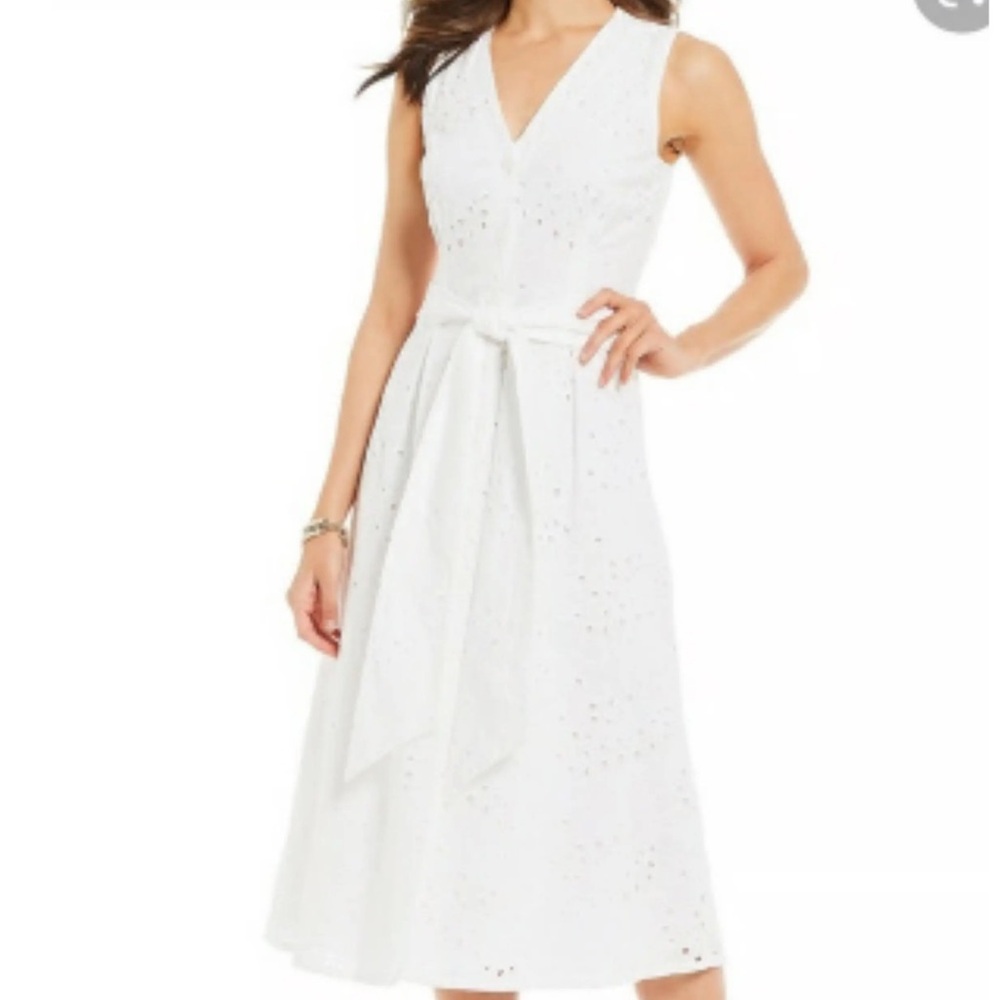 Alex Marie white Eyelet button front vneck Midi Dress size 10